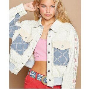 POL Quilted Patchwork Jean Jacket - Cream and Blue